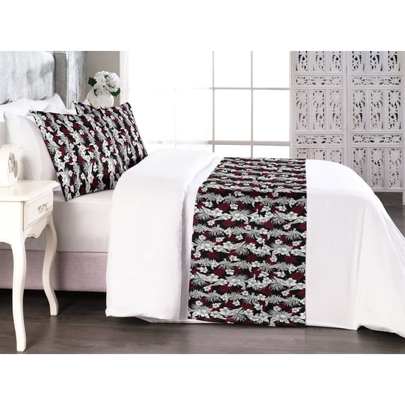 Exotic Bed Runner Set, Mono Colored Flowers of the Tropical Jungle in the Line Spring Season, Decorative Bedding Scarf & 2 Pillow Shams for Hotels Homes, King, Burgundy and Off White, by Ambesonne