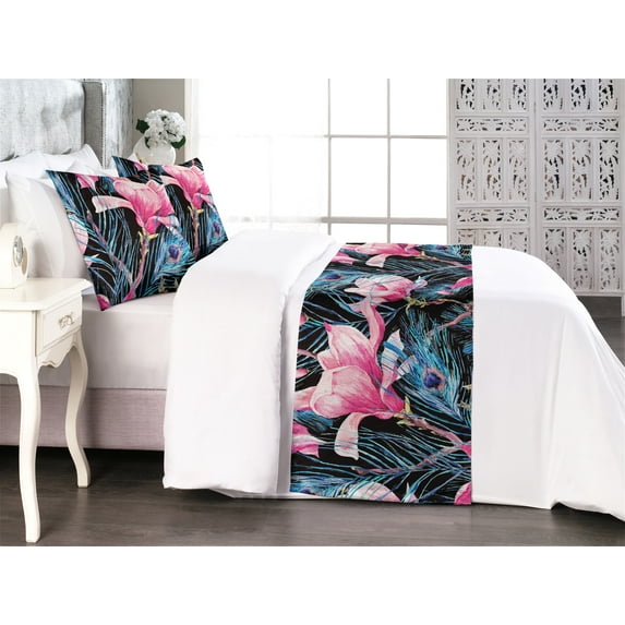 Exotic Bed Runner Set, Tropical Design Wild Flowers and Peacock Feathers Bohemian Vibes, Decorative Bedding Scarf & 2 Pillow Shams for Hotels Homes, King, Pink Violet Blue and Black, by Ambesonne