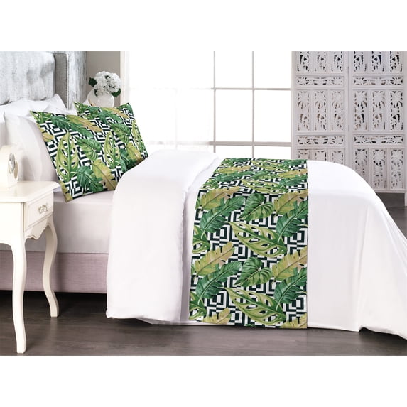 Exotic Bed Runner Set, Tropical Theme Leaves Illustration on Monochrome Maze Scenery Print, Decorative Bedding Scarf & 2 Pillow Shams for Hotels Homes, King, Black White and Fern Green, by Ambesonne