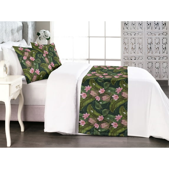 Exotic Bed Runner Set, Tropical Vibes Jungle Fruit with Flowers Delicate Petals Artwork, Decorative Bedding Scarf & 2 Pillow Shams for Hotels Homes, King, Soft Pink and Reseda Green, by Ambesonne