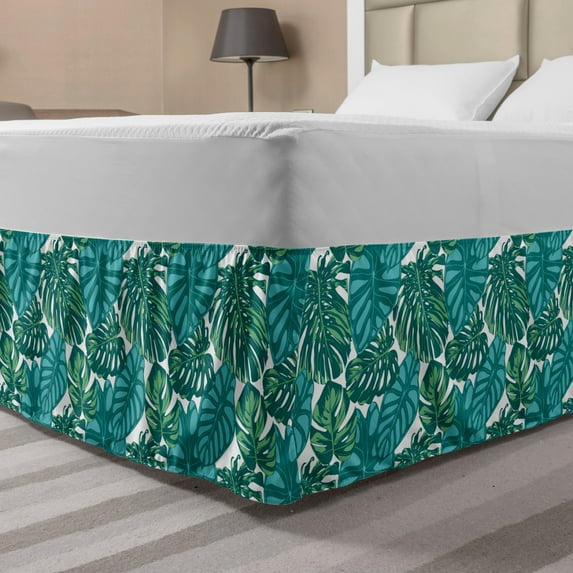 Exotic Bed Skirt, Continuous Jungle Foliage Pattern with Tropical Leaves, Elastic Bedskirt Dust Ruffle Wrap Around for Bedding Decor, 4 Sizes, Teal Dark Teal, by Ambesonne