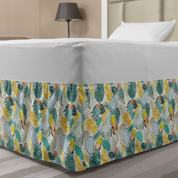 Exotic Bed Skirt, Pastel Toned Repetitive Pattern of Birds and Blooming Botanical Jungle Elements, Elastic Bedskirt Dust Ruffle Wrap Around for Bedding Decor, 4 Sizes, Multicolor, by Ambesonne