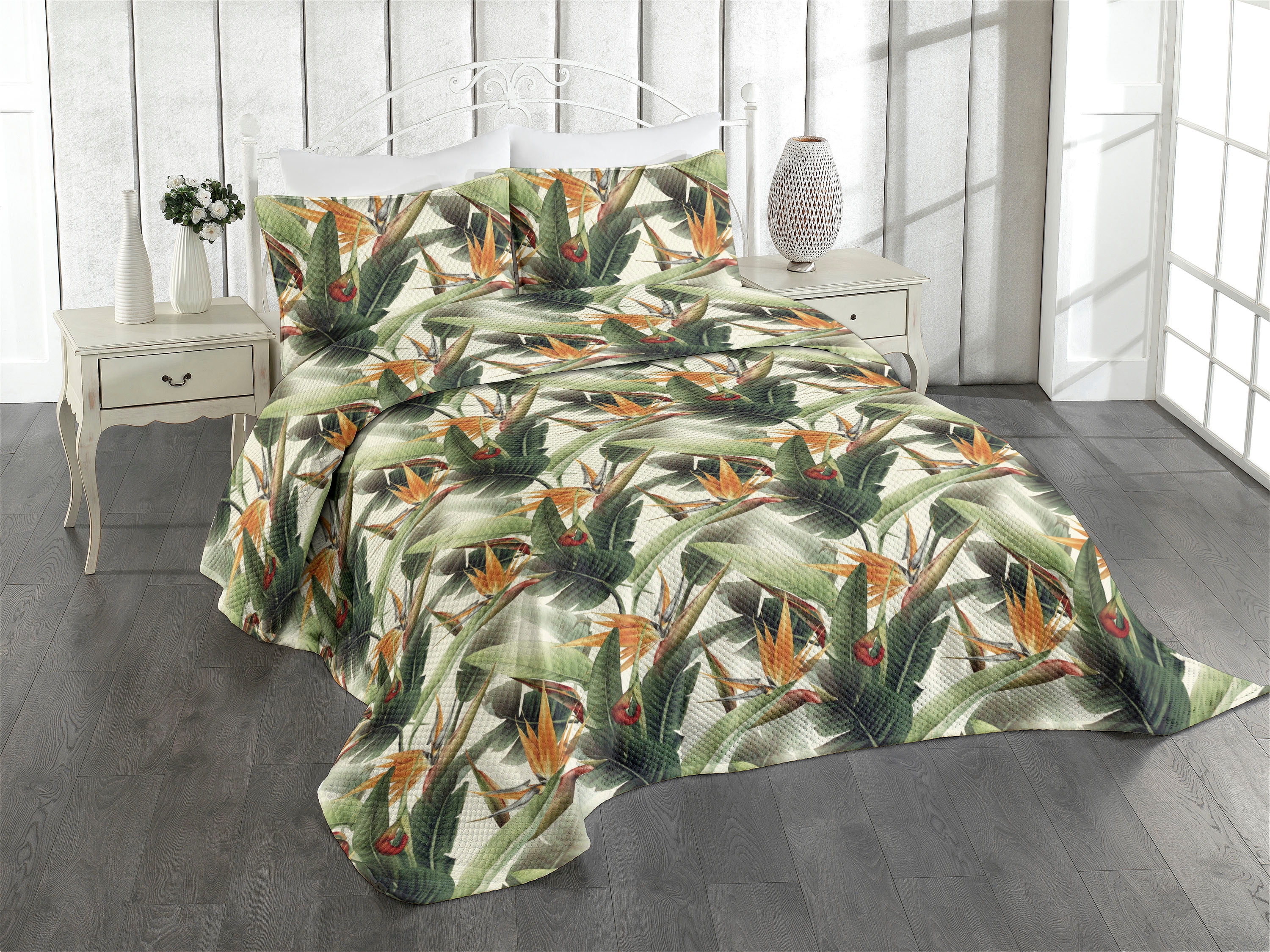 Exotic Bedspread, Bird of Paradise Flowers Tropical Design Pattern