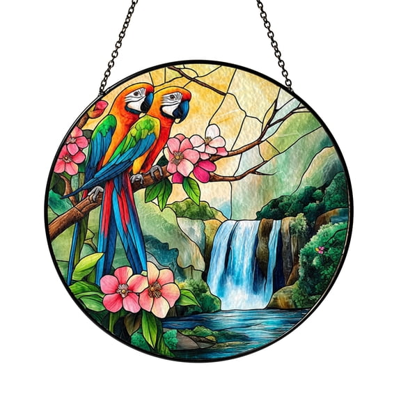Exotic Bird Waterfall Landscape Stained Glass Style Window Hanging