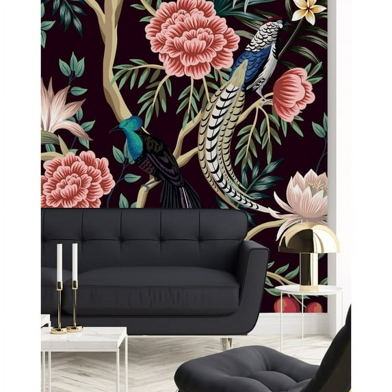 Exotic Birds on Dark Wallpaper Peel-and-Stick - 125"W x 125"H