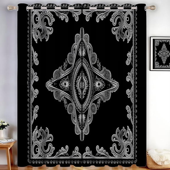 Exotic Blackout Curtains Paisley Pattern Thermal Eyelet Curtains Ring Top Black Window Drapes For Living Room, Bedroom 38"W x 54"L (Pack of 2)