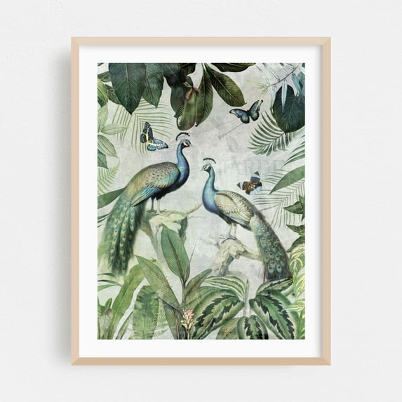 Exotic Blue Peacocks Birds Jungle Landscape 1 - Painting Botanical Butterfly Tropical Wildlife Illustration Nature Oak Framed Wall Art Print 16 x 20 inches