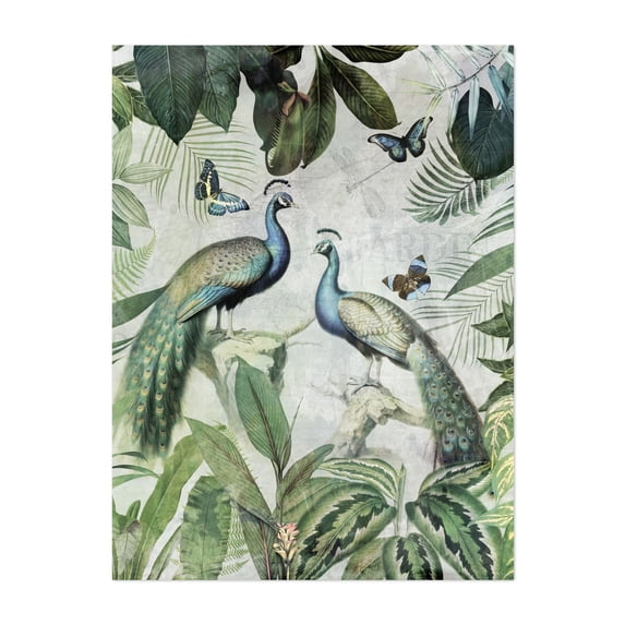 Exotic Blue Peacocks Birds Jungle Landscape 1 - Painting Botanical Butterfly Tropical Wildlife Illustration Nature Unframed Wall Art Print 8 x 10 inches