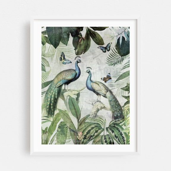 Exotic Blue Peacocks Birds Jungle Landscape 1 - Painting Botanical Butterfly Tropical Wildlife Illustration Nature White Framed Wall Art Print 5 x 7 inches