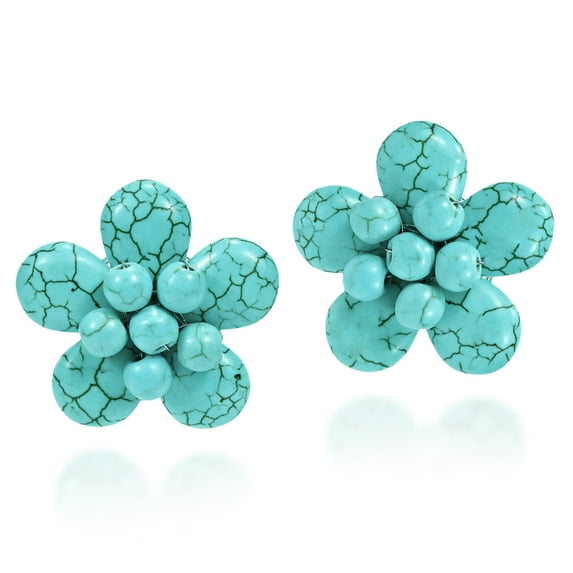 Exotic Blue Turquoise Flower Clip On Earrings