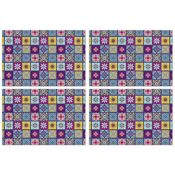 Exotic Bohemian Floral Placemats Set of 4, 12x18 Inch Flax Table Mats with Rustic Patterns, Washable Earthy Tribal Folk Style for Colorful Kitchen and Dining Decor