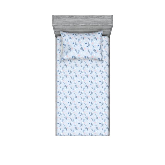 Exotic Boho Fitted Sheet & Pillow Sham Set, Simple Design Modern Linear Flamingo Pattern With Leaves Neutral Art, Decorative Printed 2 Piece Bedding Decor, Twin, Pale Azure Blue Coral, by Ambesonne
