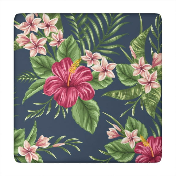 Exotic Botanical Square Tablecloth - Windproof Elastic Edge Cover with Vibrant Hawaiian Hibiscus Print