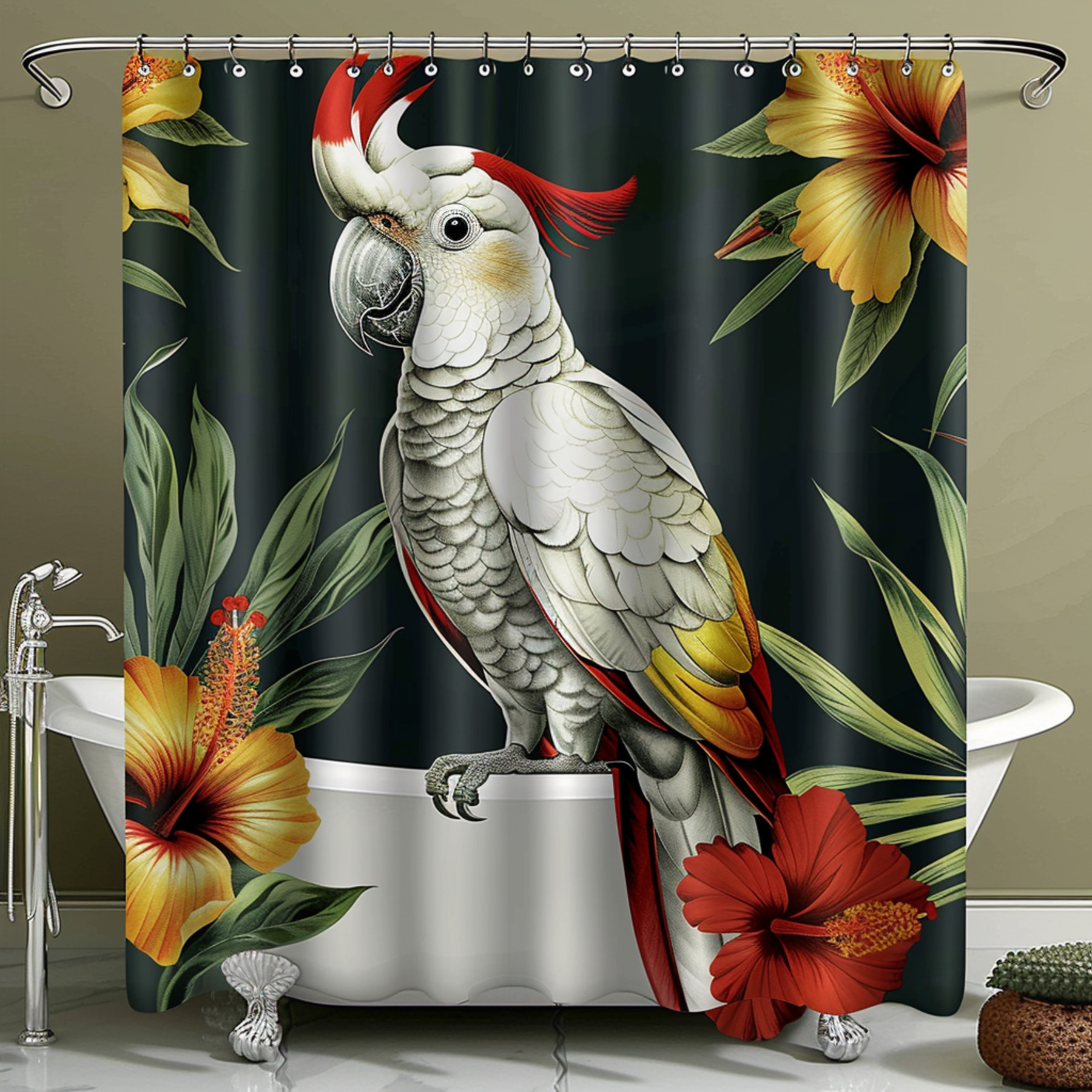 Exotic Cockatoo and Shower Curtain Tropical Bird Bathroom Decor Art Colorful Floral Design