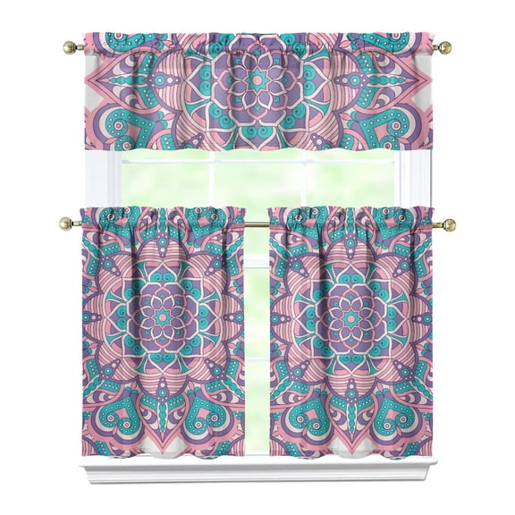 Exotic Cultural Mandala Window Panels - Set of 3 Kitchen Curtains with Tribal Boho Design