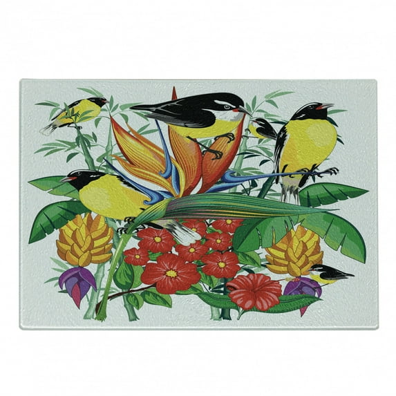 Exotic Cutting Board, Colorful Tropical Fauna and Botany Composition with Flowers and Birds, Decorative Tempered Glass Cutting and Serving Board, in 3 Sizes, by Ambesonne