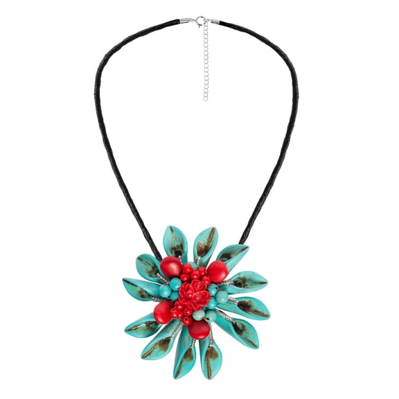 Exotic Daisy Flower Turquoise-Red Stone Silk 2 in 1 Brooch Necklace
