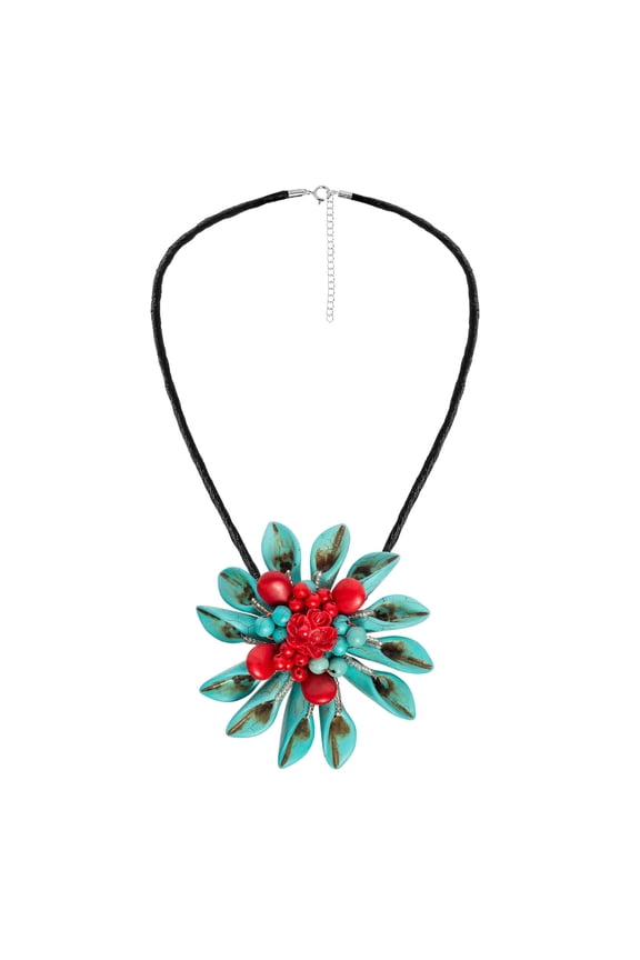 Exotic Daisy Flower Turquoise-Red Stone Silk 2 in 1 Brooch Necklace