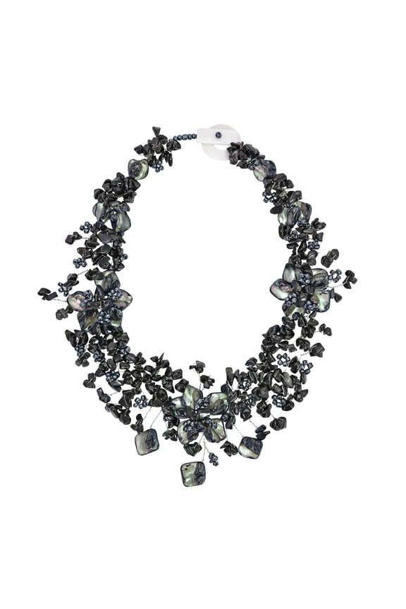 Exotic Dark Garden Back Onyx, Shell, and Bead Floral Statement Necklace