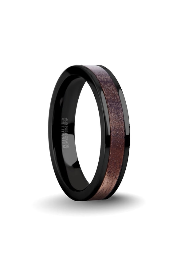 Exotic Dark Walnut Wood Twin Inlay Black Titanium Wedding Band, 4mm, Size 5