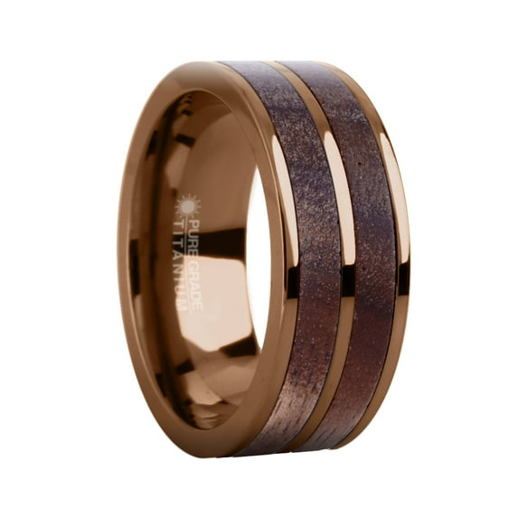 Exotic Dark Walnut Wood Twin Inlay Brown Titanium Wedding Ring, 8mm, Size 7.5