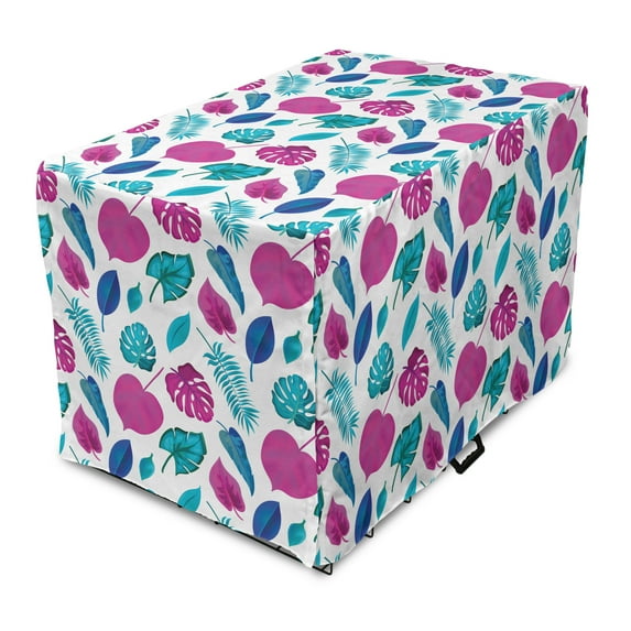 Exotic Dog Crate Cover, Abstract Tropical Foliage Pattern on Plain Backdrop, Easy to Use Pet Kennel Cover Small Dogs Puppies Kittens, 7 Sizes, Sea Blue Magenta, by Ambesonne