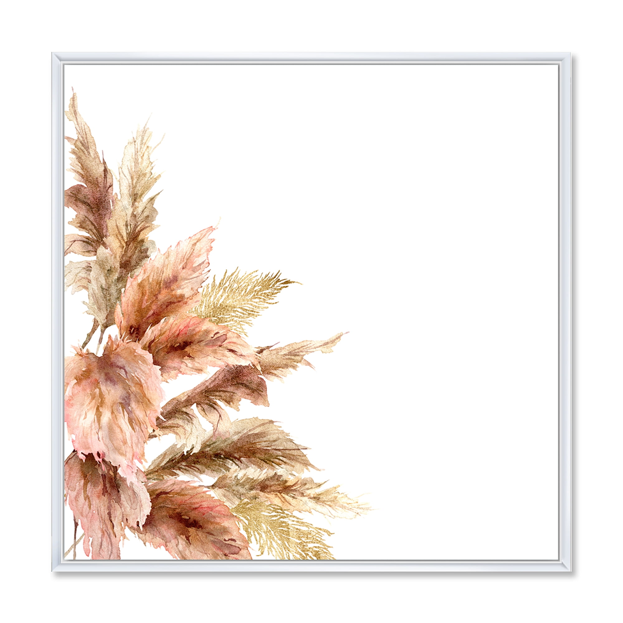 Exotic Dry Pampas Grass On White Background 16 in x 16 in Framed Painting Canvas Art Print, by Designart