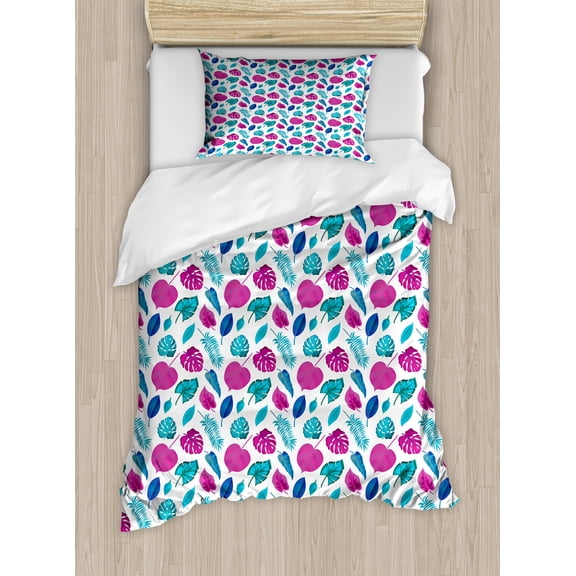 Exotic Duvet Cover Set, Abstract Tropical Foliage Pattern on Plain Backdrop, Decorative 2 Piece Bedding Set with 1 Pillow Shams, Twin Size, Sea Blue Magenta, by Ambesonne