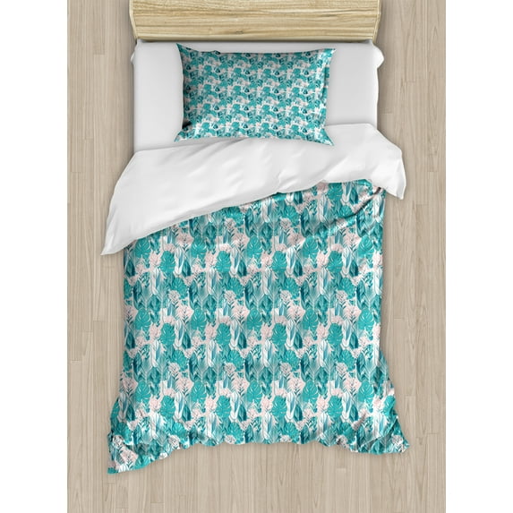 Exotic Duvet Cover Set, Botanical Jungle Leaves Banana Palm Areca Monstera Hydrangea Flowers Pattern, Decorative 2 Piece Bedding Set with 1 Pillow Shams, Twin Size, Blush Dark Seafoam, by Ambesonne