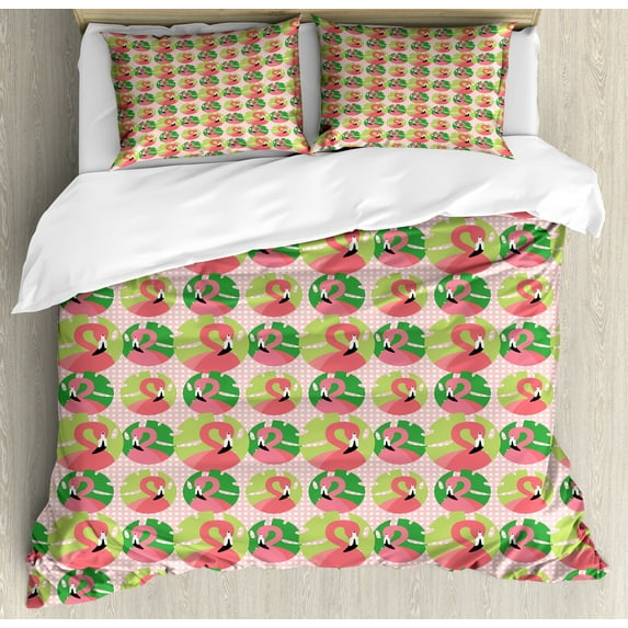Exotic Duvet Cover Set, Flamingo Birds in Doodle with Palm Leaves on Tartan Backdrop Print, Decorative 3 Piece Bedding Set with 2 Pillow Shams, Calking Size, Fern Green and Pink, by Ambesonne