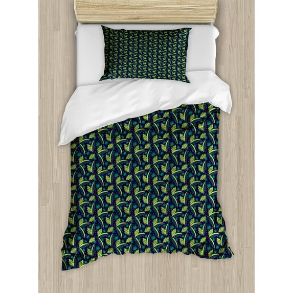Exotic Duvet Cover Set, Forest Setting Portrayed with Various Leaves, Decorative 2 Piece Bedding Set with 1 Pillow Shams, Twin Size, Indigo Multicolor, by Ambesonne