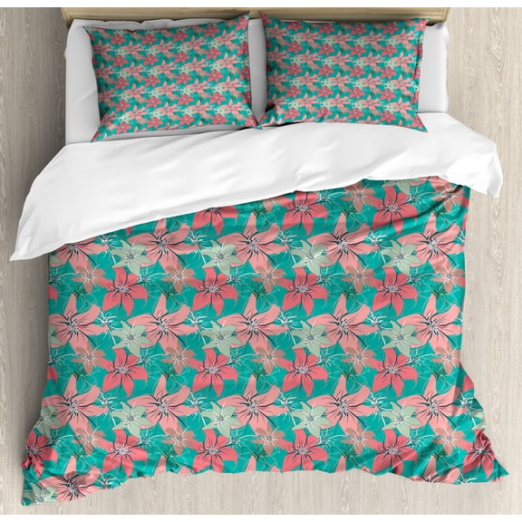 Exotic Duvet Cover Set, Hawaiian Summer Flowers with Hibiscus Blooms Opening Up Beauty Foliage Motif, Decorative 3 Piece Bedding Set with 2 Pillow Shams, Calking Size, Coral Turquoise, by Ambesonne
