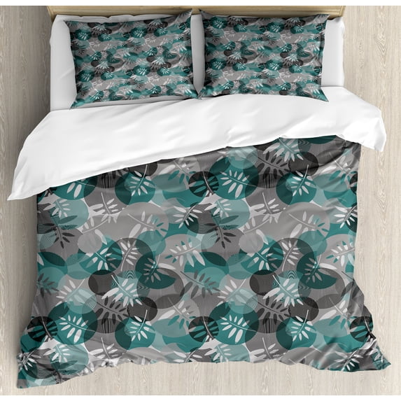 Exotic Duvet Cover Set, Jungle Forest Leaves with Circle Spirals and Rounds Exotic Geometric, Decorative 3 Piece Bedding Set with 2 Pillow Shams, Calking Size, Hunter Green and Grey, by Ambesonne