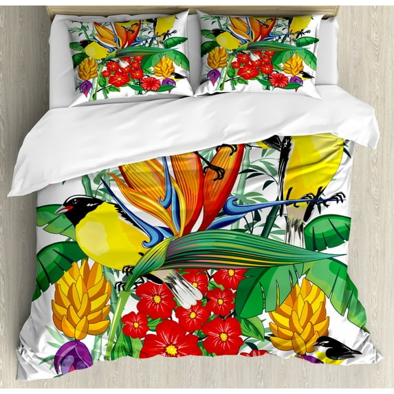 Exotic Duvet Cover Set King Size, Colorful Tropical Fauna and Botany Composition with Flowers and Birds, Decorative 3 Piece Bedding Set with 2 Pillow Shams, Multicolor, by Ambesonne
