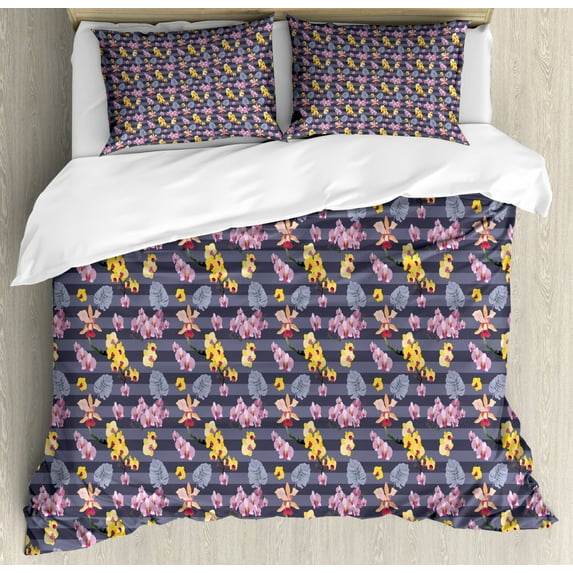 Exotic Duvet Cover Set King Size, Tropical Blooming Foliage Buds Brazilian Monstera Island Coconut, Decorative 3 Piece Bedding Set with 2 Pillow Shams, Mustard and Dark Blue Grey, by Ambesonne