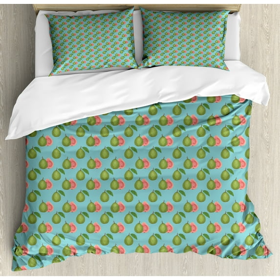 Exotic Duvet Cover Set, Little Continuous Tropical Natural Organic Healthy Guava Fruit Motifs, Decorative 3 Piece Bedding Set with 2 Pillow Shams, King Size, Seafoam Lime Green Coral, by Ambesonne