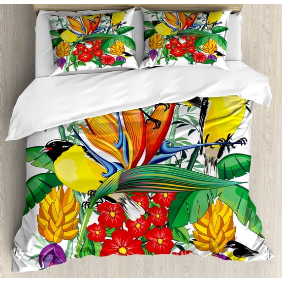 Exotic Duvet Cover Set Queen Size, Colorful Tropical Fauna and Botany Composition with Flowers and Birds, Decorative 3 Piece Bedding Set with 2 Pillow Shams, Multicolor, by Ambesonne