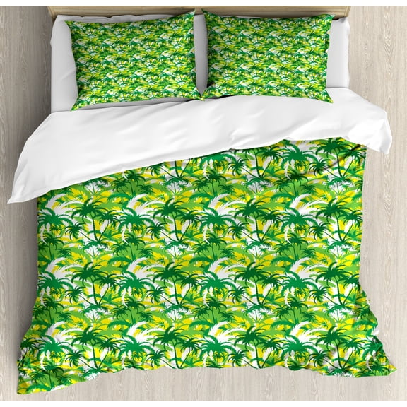 Exotic Duvet Cover Set, Refreshing Hawaiian Palm Trees in Various Green Tones, Decorative 3 Piece Bedding Set with 2 Pillow Shams, Queen Size, Shamrock Green Yellow, by Ambesonne
