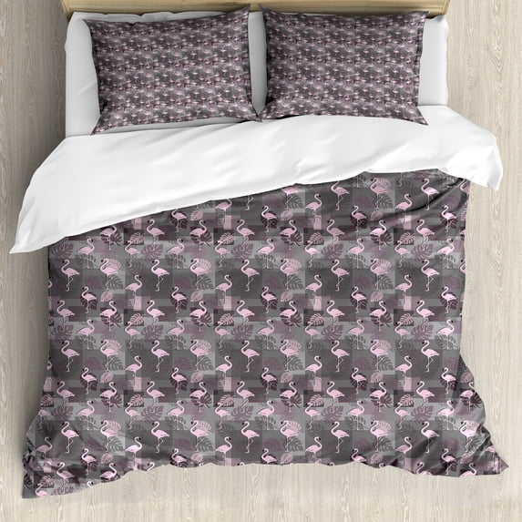 Exotic Duvet Cover Set, Repeated Pink Flamingo Bird Monstera Leaf Silhouettes Geometric Illustration, Decorative 3 Piece Bedding Set with 2 Pillow Shams, King Size, Blush Taupe Grey, by Ambesonne