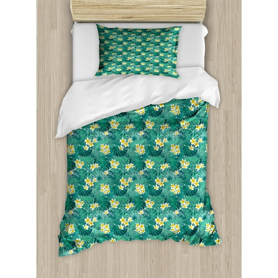 Exotic Duvet Cover Set, Rhythmic Plumeria Hidden in Palm and Monstera Leaves, Decorative 2 Piece Bedding Set with 1 Pillow Shams, Twin Size, Sea Green Yellow, by Ambesonne