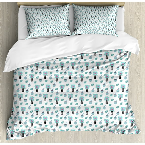Exotic Duvet Cover Set, Summer Cocktails of Lemons and Pineapples Hipster Fruits Illustration, Decorative 3 Piece Bedding Set with 2 Pillow Shams, Calking Size, Aqua Magenta and Black, by Ambesonne