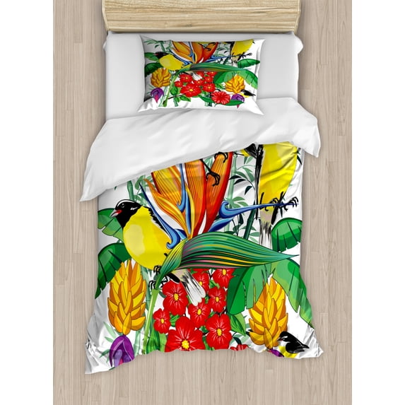 Exotic Duvet Cover Set Twin Size, Colorful Tropical Fauna and Botany Composition with Flowers and Birds, Decorative 2 Piece Bedding Set with 1 Pillow Sham, Multicolor, by Ambesonne