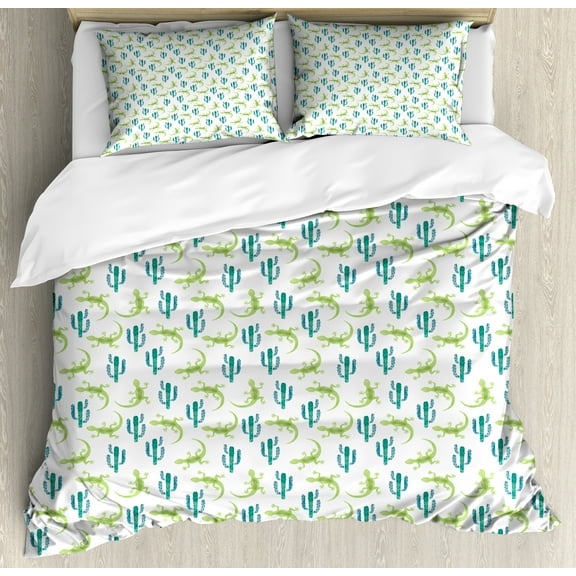 Exotic Duvet Cover Set, Watercolor Pattern of Lizards and Cacti, Decorative 3 Piece Bedding Set with 2 Pillow Shams, Calking Size, Sea Blue Lime Green, by Ambesonne