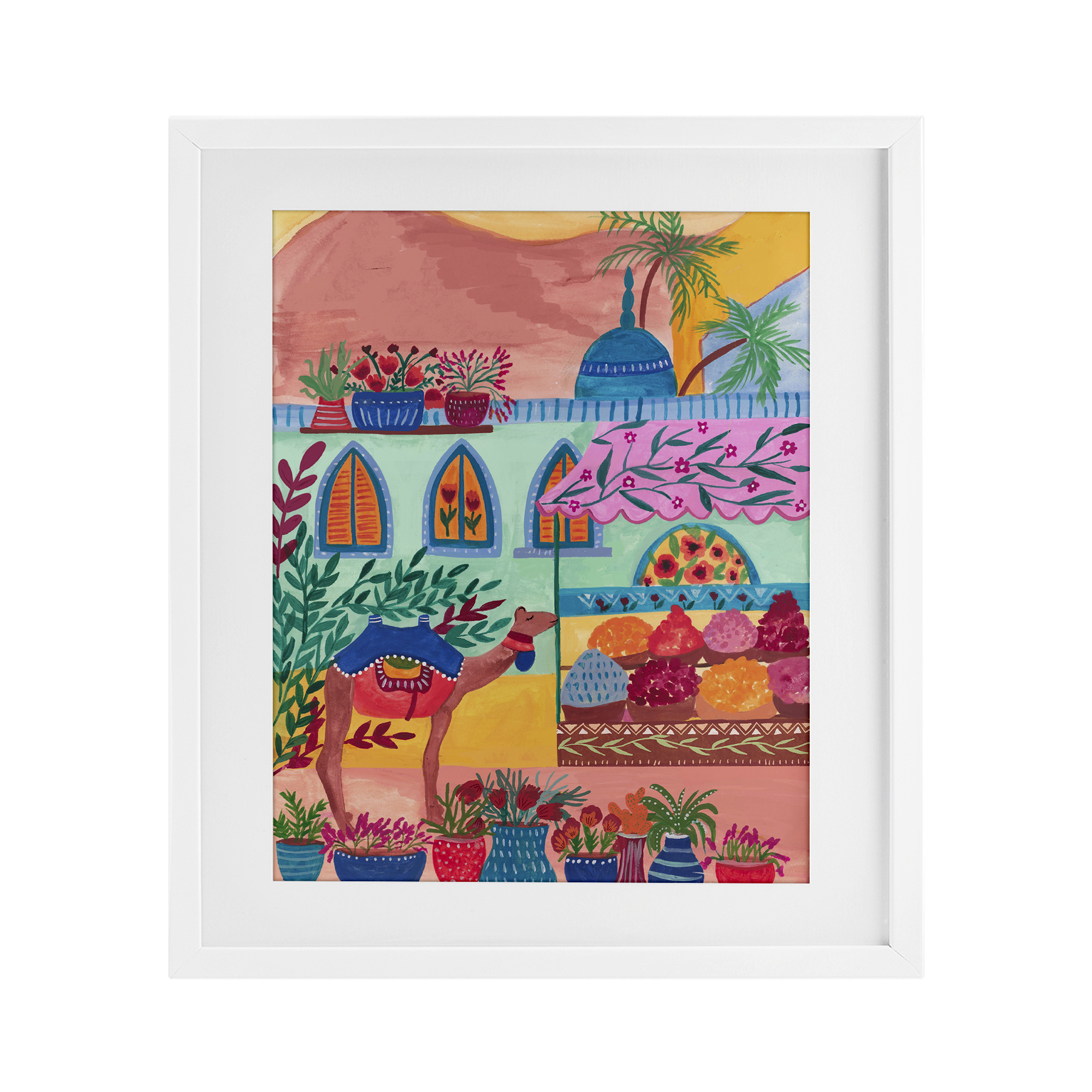 Exotic Egypt Camel White Framed Print Under Glass, design by Nabeela Rumi