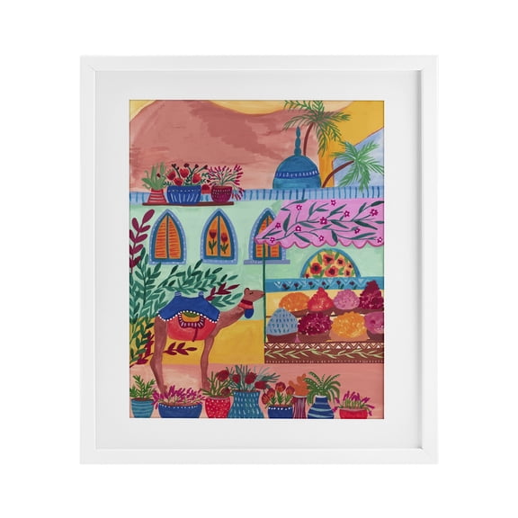 Exotic Egypt Camel White Framed Print Under Glass, design by Nabeela Rumi