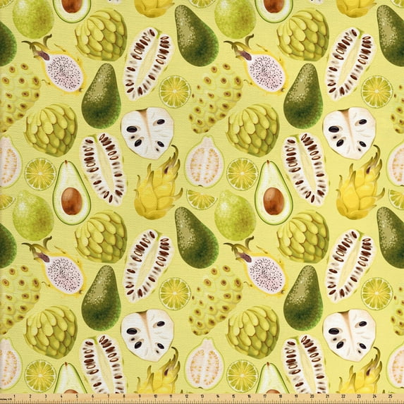 Ambesonne Exotic Fabric by the Yard Upholstery, Avocados Dragon Fruit Guava, 2 Yards, Pastel Yellow Olive Green