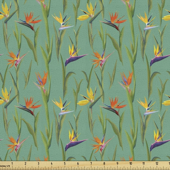Ambesonne Exotic Fabric by the Yard Upholstery, Bird of Paradise Blossoms, 5 Yards, Turquoise Green and Purple