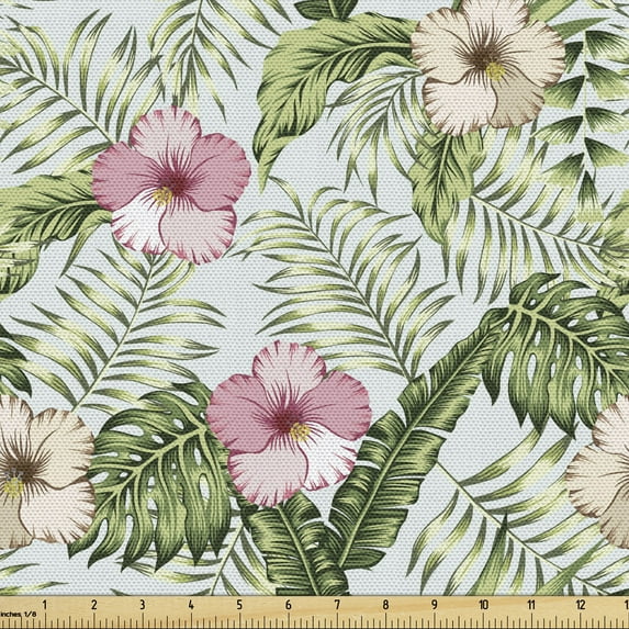 Ambesonne Exotic Fabric by the Yard Upholstery, Tropical Pinkish Flowers, 5 Yards, Multicolor