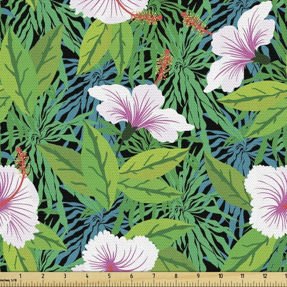 Ambesonne Exotic Fabric by the Yard Upholstery, Jungle Flower Blooming Woods, 10 Yards, Lime Green Multicolor