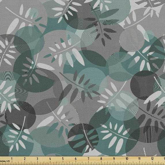 Ambesonne Exotic Fabric by the Yard Upholstery, Leaves with Circle Spirals, 10 Yards, Hunter Green and Grey